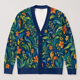 Abstract Botanical Blooms for Colorful Everyday Layering and Creative Style All-over Print Knitted Cardigan
