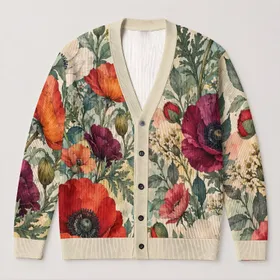 Watercolor Poppy And Anemone Blooms For Relaxed Autumn Garden Days And Layering All-over Print Knitted Cardigan
