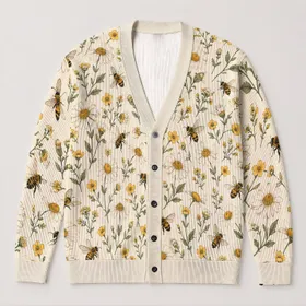 Wildflower Bee Motifs For Garden Days And Nature Lovers All-over Print Knitted Cardigan