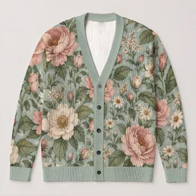 Vintage Sage And Blush Botanical Blooms For Relaxed Everyday Layering All-over Print Knitted Cardigan