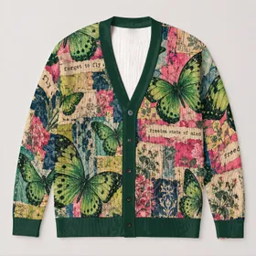 Green Butterfly Freedom Collage for Creative Everyday Layering and Nature Lovers All-over Print Knitted Cardigan