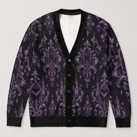 Purple Gothic Damask for Halloween Nights and Dark Academia Everyday Style All-over Print Knitted Cardigan