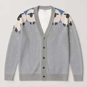 Playful Sheep and Falling Snow Motif for Cozy Countryside Everyday Layering All-over Print Knitted Cardigan