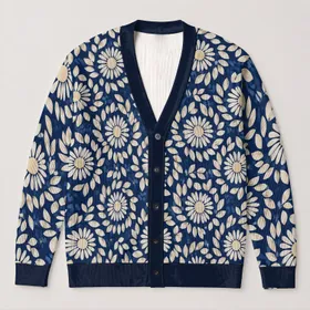 Navy Ivory Sunburst Floral Motif for Relaxed Everyday Layering and Boho Style All-over Print Knitted Cardigan