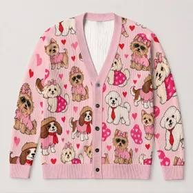 Cute Dogs in Pink Outfits for Cozy Autumn Days and Cheerful Everyday Style for Her All-over Print Knitted Cardigan
