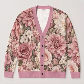Blush Pink and Ivory Floral Blooms for Cozy Everyday Layering and Spring Outings All-over Print Knitted Cardigan