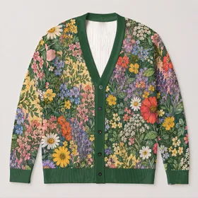 Dense Wildflower Garden for Relaxed Weekend Layering and Spring-Fall Bohemian Style All-over Print Knitted Cardigan