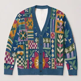 Colorful Folk Patchwork Medallions for Cozy Fall Layering and Everyday Style All-over Print Knitted Cardigan