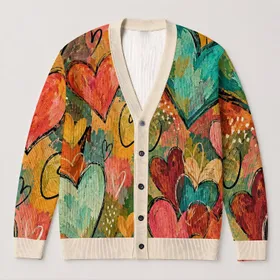Colorful Heart Collage for Creative Autumn Layering and Everyday Wear for Women All-over Print Knitted Cardigan