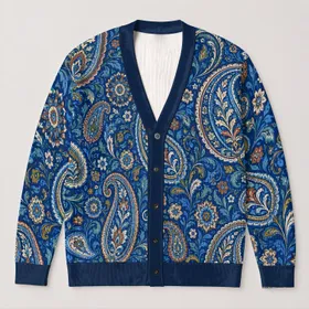 Blue Paisley Floral Motif for Relaxed Weekend Layering and Youthful Everyday Wardrobes All-over Print Knitted Cardigan