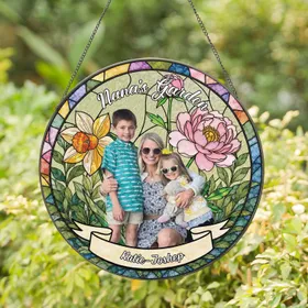 Personalized Birth Flower Suncatcher for Mom, Grandma– Custom Photo & Kids Names Window Hanging Gift