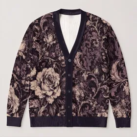 Gothic White Rose Swirls for Dark Academia Layering Teens Alternative Style All-over Print Knitted Cardigan
