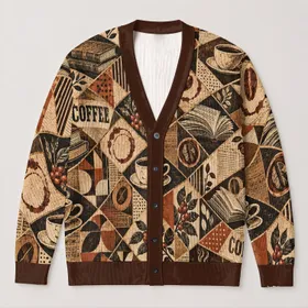Vintage Coffee Book Patchwork for Cozy Cafe Days and Autumn Reading Lovers All-over Print Knitted Cardigan