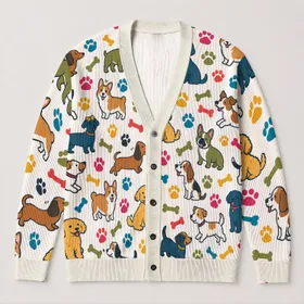 Colorful Dog Paw And Bone Motifs For Cozy Everyday Layering, Pet Lovers And Walks All-over Print Knitted Cardigan