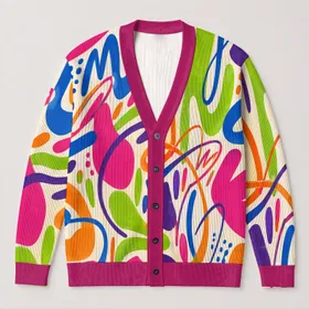 Colorful Abstract Graffiti Lines for Casual Layering and Creative Streetwear Women All-over Print Knitted Cardigan