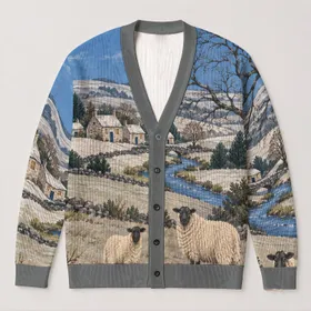 Sheep and Countryside Village Scene for Cozy Autumn Outings and Home Days All-over Print Knitted Cardigan