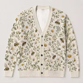 Daisy Bee Meadow Motifs for Relaxed Garden Days and Nature Inspired Layering All-over Print Knitted Cardigan