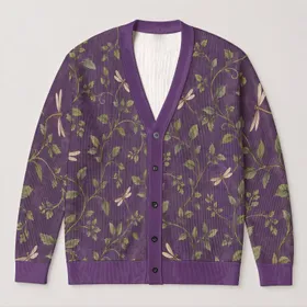 Purple Vine And Dragonfly Motifs For Relaxed Autumn Layering And Everyday Style All-over Print Knitted Cardigan
