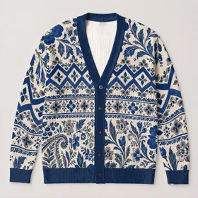 Blue and Ivory Folk Floral Motifs for Cozy Autumn Layering and Everyday Style All-over Print Knitted Cardigan