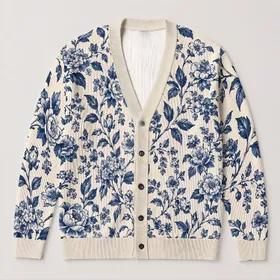 Navy Blue Botanical Flowers for Relaxed Everyday Layering and Cottage Garden Style All-over Print Knitted Cardigan