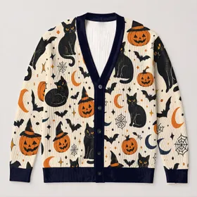 Black Cats And Jack-O'-Lanterns For Cozy Halloween Nights And Casual Autumn Style All-over Print Knitted Cardigan