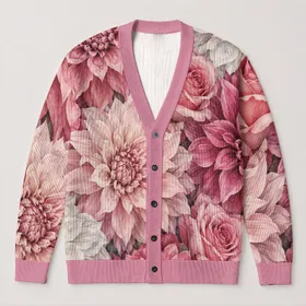 Pink Dahlia And Rose Garden Blooms For Romantic Everyday Layering And Outings All-over Print Knitted Cardigan