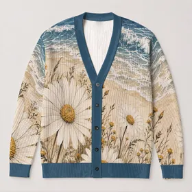 Ocean Waves And Daisy Wildflowers For Relaxed Coastal Everyday Style All-over Print Knitted Cardigan