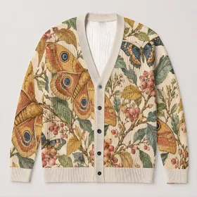 Watercolor Butterflies and Berries for Cozy Autumn Outings and Nature-Loving Women All-over Print Knitted Cardigan