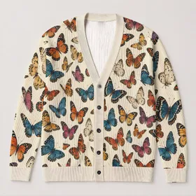 Colorful Butterfly Motifs for Autumn Layering and Everyday Nature-Inspired Style All-over Print Knitted Cardigan