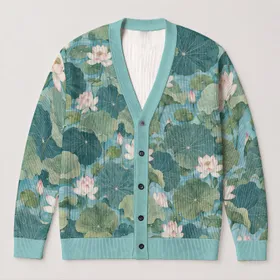 Lotus Pond Botanical Leaves In Soft Aqua Tones For Relaxed Everyday Layering Style All-over Print Knitted Cardigan