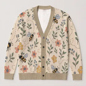 Bee Flower Honeycomb Motif For Casual Autumn Commuting And Weekend Outfits Women All-over Print Knitted Cardigan