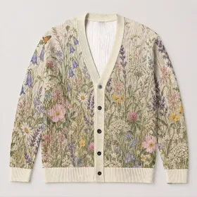 Wildflower Meadow And Butterfly Garden For Relaxed Everyday Layering, Cottage Style All-over Print Knitted Cardigan