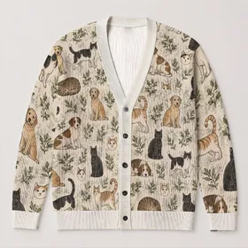 Cats and Dogs in Soft Woodland Tones for Cozy Everyday Layering at Home or Out Together All-over Print Knitted Cardigan