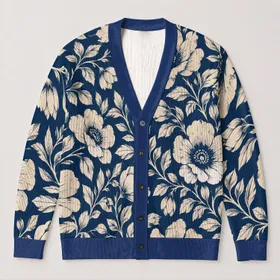 Navy Blue Botanical Blooms for Relaxed Everyday Layering and Casual Elegant Style All-over Print Knitted Cardigan