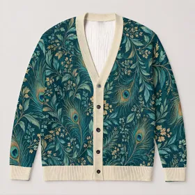Teal Peacock Feathers and Botanical Filigree for Bohemian Everyday Layering Style All-over Print Knitted Cardigan