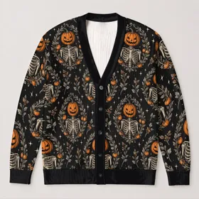 Pumpkin Head Skeletons and Wreaths for Halloween Nights and Autumn Gatherings All-over Print Knitted Cardigan