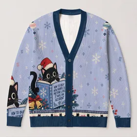 Black Cat Reading Book Hearts and Paw Prints for Cozy Winter Holiday Readers All-over Print Knitted Cardigan