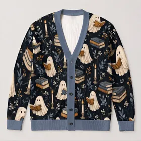 Reading Ghosts, Books And Candlelight For Cozy Halloween Nights And Autumn Reading All-over Print Knitted Cardigan