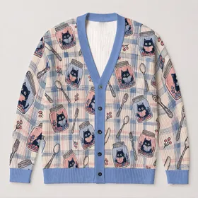 Kawaii Black Cats Reading in Jars for Cozy Bookish Days and Whimsical Everyday Style All-over Print Knitted Cardigan