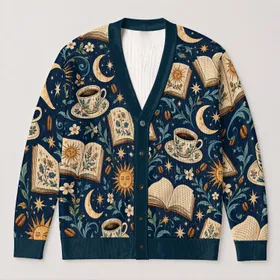 Moon Book Coffee Celestial Night Sky for Cozy Autumn Reading and Study Lovers All-over Print Knitted Cardigan