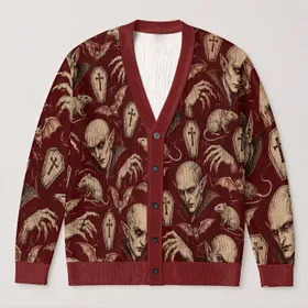 Vintage Vampire Coffins, Rats and Bats for Spooky Halloween Night Outfits Teen Style All-over Print Knitted Cardigan