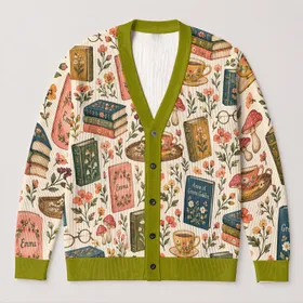 Classic Novel Books, Tea Cups and Mushrooms for Cozy Autumn Reading Book Lovers Style All-over Print Knitted Cardigan