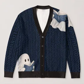 Reading Ghosts with Books for Scholarly Autumn Study and Dark Academia Days All-over Print Knitted Cardigan
