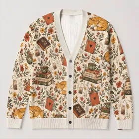 Book Lover Tea Cup And Sleeping Cat Motifs For Cozy Autumn Reading And Study Days All-over Print Knitted Cardigan