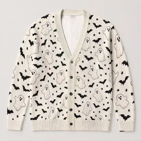Halloween Ghost Bat And Star Motifs For Spooky Season Everyday Layering All-over Print Knitted Cardigan