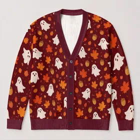 White Ghosts, Autumn Leaves and Acorns for Cozy Halloween Season Style All-over Print Knitted Cardigan