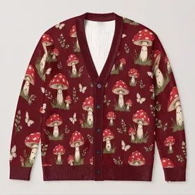 Red Toadstool Mushrooms And Cream Butterflies For Cozy Woodland Autumn Outings All-over Print Knitted Cardigan