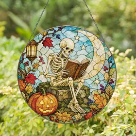 Skeleton Reading by a Harvest Moon for Halloween Book Lovers and Autumn Decor Gifts Stained Glass Suncatcher