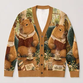 Capybara Readers with Tea for Cozy Autumn Library Study Days and Bookish Teen Style All-over Print Knitted Cardigan