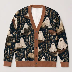 Ghosts Reading Books and Candlelight for Cozy Autumn Study Nights and Dark Academia All-over Print Knitted Cardigan